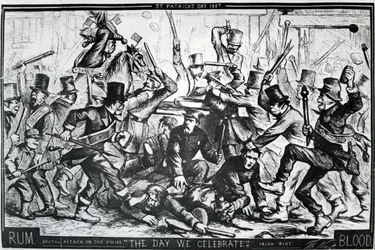 Caricatura que retrata os motins em Nova Iorque no Dia de São Patrício de 1867, publicada no Harper