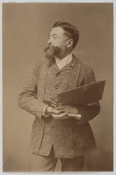 Retrato de Thomas Nast de três quartos, segurando uma paleta e um pincel