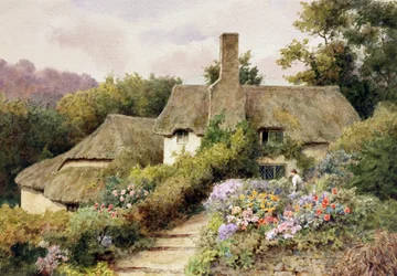Uma casa de campo em Selworthy, Somerset, Inglaterra. Uma mulher no jardim de uma casa de campo inglesa. Pintura de Thomas Nicholson Tyndale (1860-1930 britânico) Coleção particular