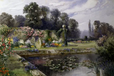 O lago dos lírios. Nanuphars num lago dentro de um grande jardim. Pintura de T. Noelsmith (1840-1900) Coleção particular