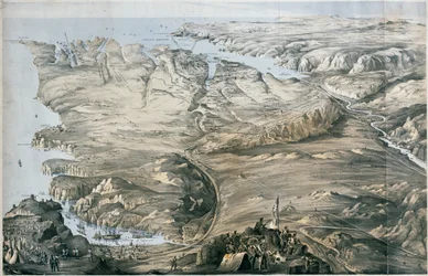 Vista panorâmica da entrincheiramento dos exércitos aliados de Inglaterra e França antes do Sebastopol (litografia, colorido)