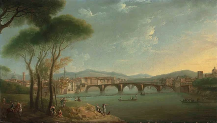 Vista para o Arno, Florença, a partir dos Jardins Cascine, com figuras pescando e descansando nas rochas em primeiro plano, a Ponte alla Carità e a Ponte Vecchio além