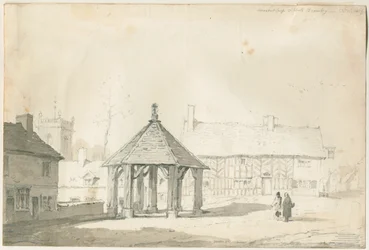 Abades Bromley Tudor - Market Cross and House: desenho a lápis e lavagem
