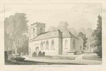 Igreja de Barlaston: desenho de caneta e lavagem, 1838