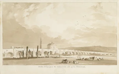 Ponte e cidade de Burton-upon-Trent: desenho em sépia, 1837