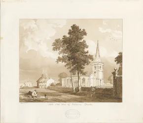 Igreja de Rolleston: desenho sépia vermelho, 1836