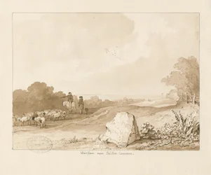 Trysull - "Pedra de Guerra perto de Seisdon Common": desenho de lavagem com caneta e sépia, 1837