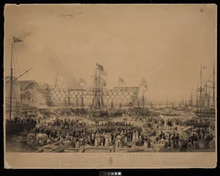Lançamento do Trafalgar, na presença de Sua Graciosa Majestade a Rainha Vitória e Sua Alteza Real o Príncipe Alberto, no Estaleiro H.M. Dock, Woolwich...