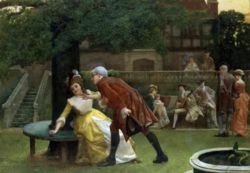 O fim do emaranhado. Uma mulher recusa os avanços de um homem. 1890. Pintura de Thomas Reynolds Lamont (1826-1898) Coleção particular.