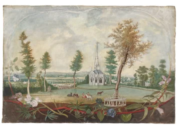 Uma capela gótica em um extenso parque, em uma cartela decorada com flores cortadas