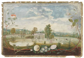 A estufa na Woodside House, Old Windsor, em uma cartela decorada com flores