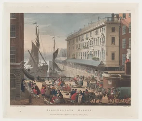Billingsgate Market, 1º de março de 1808., 1º de março de 1808. Criadores: Thomas Rowlandson, Augustus Charles Pugin, J. Bluck.