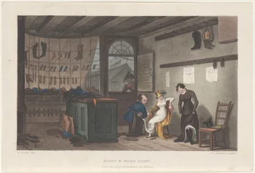 Boot & Shoe Shop, de Poetical Sketches of Scarborough, 1813., 1813. Criadores: Thomas Rowlandson, Joseph Constantine Stadler, J. Bluck.