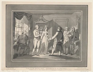 Capitão Bowling apresentado a Narcissa, 12 de maio de 1800., 12 de maio de 1800. Criadores: Thomas Rowlandson, Joseph Constantine Stadler.