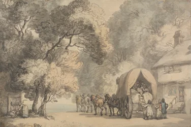 A Carrier&39;s Cart Outside an Inn, c.1785-90 (caneta e tinta e aquarela sobre papel vegetal)