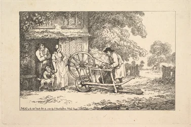 Um moedor de faca de viagem em uma porta da casa de campo, 1787.