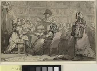 Uma reunião do clube bluestocking em uma biblioteca