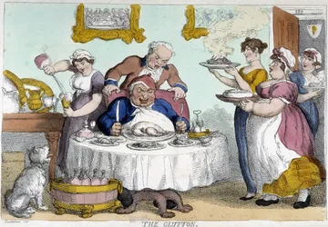 Bourgeois diante de uma refeição pletórica servida por muitos criados - caricatura de Rowlandson