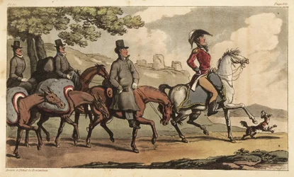 O Capitão Johnny Newcome e os seus criados com cavalos de carga na estrada para Santarém, Portugal, para regressar à Campanha Península. Gravura em chapa de cobre colorida à mão desenhada e gravada por Thomas Rowlandson do Coronel David Roberts