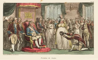 Capitão Johnny Newcome apresentando os troféus de guerra, o chapéu do Rei Joseph Bonapart e o bastão do Marechal Jean-Baptiste Jourdan, ao Príncipe Regente na Casa Carlton. Gravura em chapa de cobre colorida à mão, desenhada e gravada por Thomas Rowlandson