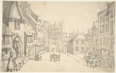Vista da cidade com um portão medieval (talvez York)