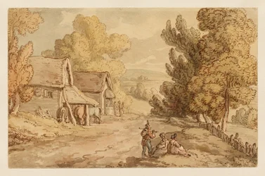 Casa de campo e celeiro com figuras a descansar à beira de uma estrada rural