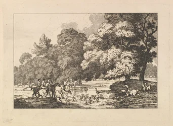 Deer Hunting - uma cena da paisagem com veado e cães em um rio, 1787.