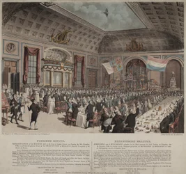 Jantar em comemoração da emancipação da Holanda da França, Cidade de Londres Tavern, Bishopsgate, 1814 (aquatint)