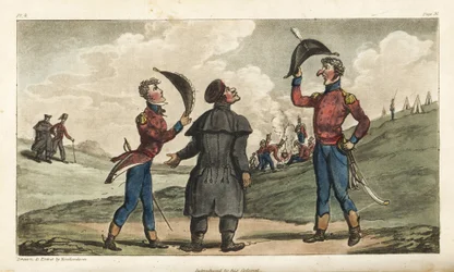 O Alferes Johnny Newcome foi apresentado ao Coronel do seu regimento antes da Batalha de Salamanca. Gravura em chapa de cobre colorida à mão desenhada e gravada por Thomas Rowlandson do Coronel David Roberts