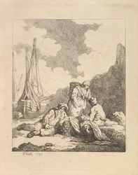 Pescadores na costa - cena costeira com um homem sentado no chão descansando um cotovelo em ..., 1786.