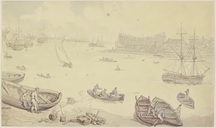 Rio com muitos navios e um estaleiro