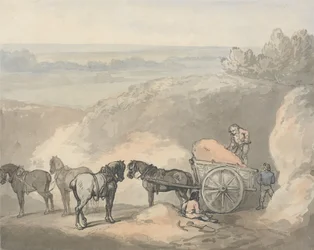 Cavalos e uma carroça numa pedreira de areia