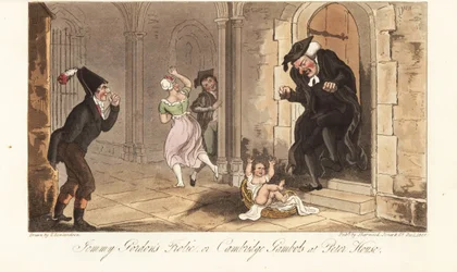 James Gordon, um notório bêbado de Cambridge, deixando um bebê como uma brincadeira na frente da casa de um reitor universitário. Jemmy Gordon