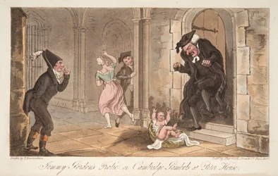 Jemmy Gordons Frolic, ou Cambridge Gambols na Peter House, do The English Spy, pub. 1824 (gravura colorida à mão)