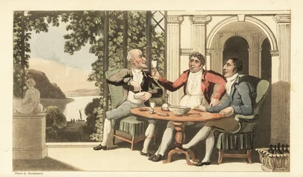 Johnny e amigos a beber e a cantar num terraço com vista para o rio Tamisa. Gravura em chapa de cobre colorida à mão por Thomas Rowlandson de The History of Johnny Quae Genus de William Combe, o Pequeno Fundador da falecida Sintaxe do Doutor.