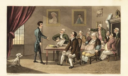 Johnny e os seus credores. O pobre cavalheiro enfrenta uma sala cheia de comerciantes e lojistas exigindo o pagamento das suas dívidas. Gravura em chapa de cobre colorida à mão de Thomas Rowlandson de A História de Johnny Quae Genus de William Combe, o Peq