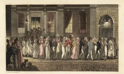 Johnny e outros foliões presos pelo Vigilante da Noite após uma festa de dança desordenada em Covent Garden Chambers. Gravura em chapa de cobre colorida à mão por Thomas Rowlandson de The History of Johnny Quae Genus de William Combe, o Pequeno Fundador do