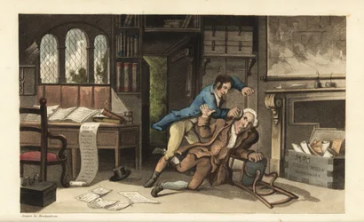 O Johnny a agredir o advogado Gripe-all no seu escritório depois de ter sido enganado de 100 libras. Gravura em chapa de cobre colorida à mão por Thomas Rowlandson de The History of Johnny Quae Genus de William Combe, o Pequeno Fundador da falecida Sintaxe