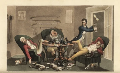 Johnny numa final desportiva: Johnny com candelabros deixa três caçadores bêbados a dormir numa sala de jantar com garrafas de vinho vazias e cães de caça adormecidos. Gravura em chapa de cobre colorida à mão por Thomas Rowlandson de The History of Johnny 
