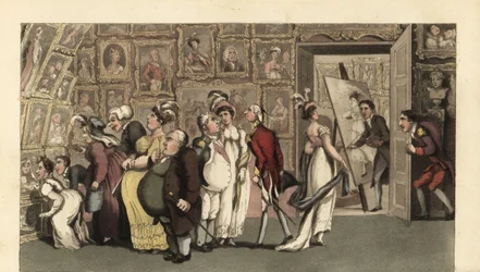 Johnny em serviço ao pintor de retratos Carmine na sua galeria. Quando sozinho, Johnny desfigura os retratos com giz e provoca um furor. Gravura em chapa de cobre colorida à mão por Thomas Rowlandson de The History of Johnny Quae Genus, de William Combe, o