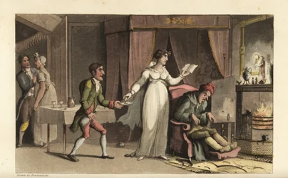 Johnny ao serviço do avarento John Squeeze e da sua sobrinha prudente Amelia Squeeze. Johnny traz um copo de remédio para o velho moribundo. Gravura em chapa de cobre colorida à mão por Thomas Rowlandson de The History of Johnny Quae Genus de William Combe