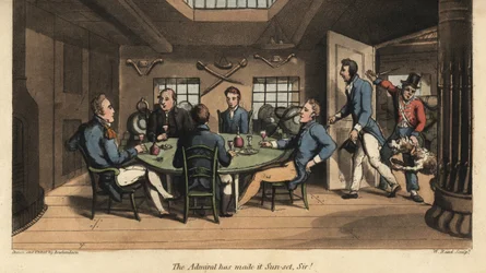O Johnny junta-se ao capitão no seu camarote para beber com os outros oficiais. O almirante fez o pôr-do-sol, senhor! Gravura em chapa de cobre colorida à mão por W. Leia depois de uma ilustração de Thomas Rowlandson de As Aventuras de Johnny Newcombe i de