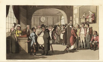 Johnny à procura de trabalho num cartório para empregados domésticos. Homens e mulheres com monóculos a examinar carregadores, empregadas domésticas e outro pessoal. Gravura em chapa de cobre colorida à mão por Thomas Rowlandson de The History of Johnny Qu