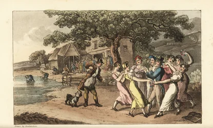 Johnny tocando flauta num festival de tosquia de ovelhas, rodeado de meninas do campo dançando. Os pastores tosquiam ovelhas num celeiro e lavam-nas num lago. Gravura em chapa de cobre colorida à mão de Thomas Rowlandson, de The History of Johnny Quae Gen 