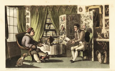 Johnny a ler para Sir Jeffery Gourmand no seu estudo. Gravura em chapa de cobre colorida à mão por Thomas Rowlandson de The History of Johnny Quae Genus de William Combe, o Pequeno Fundador da falecida Sintaxe do Doutor.