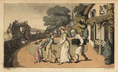 Johnny a despedir-se da mãe e das irmãs quando parte para a Marinha Real numa diligência. Gravura em chapa de cobre colorida à mão por W. Leia depois de uma ilustração de Thomas Rowlandson de As Aventuras de Johnny Newcombe na Marinha, de Alfred Burton, Si
