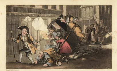 Johnny atirado de uma cadeira de sedan quando os carregadores se atiram sobre uma pilha de pedras na rua. Chegam os guardas noturnos com lanternas e guizos. Gravura em chapa de cobre colorida à mão por Thomas Rowlandson de The History of Johnny Quae Genus 