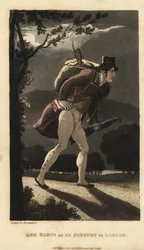 Johnny a andar na estrada iluminada pela lua para Londres. Ele tem uma mochila com violino, um livro no bolso do casaco, e carrega um guarda-chuva. Gravura em chapa de cobre colorida à mão por Thomas Rowlandson de The History of Johnny Quae Genus, o Pequen