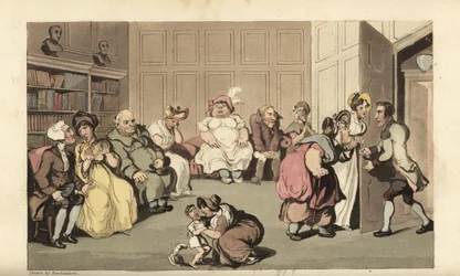 Johnny com outros pacientes na sala de espera do médico curandeiro Anodyne. Gravura em chapa de cobre colorida à mão por Thomas Rowlandson de The History of Johnny Quae Genus de William Combe, o Pequeno Fundador da falecida Sintaxe do Doutor.