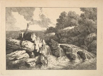 Paisagem com dois pescadores que escalam rochas ao lado de uma cachoeira, 1784-88.